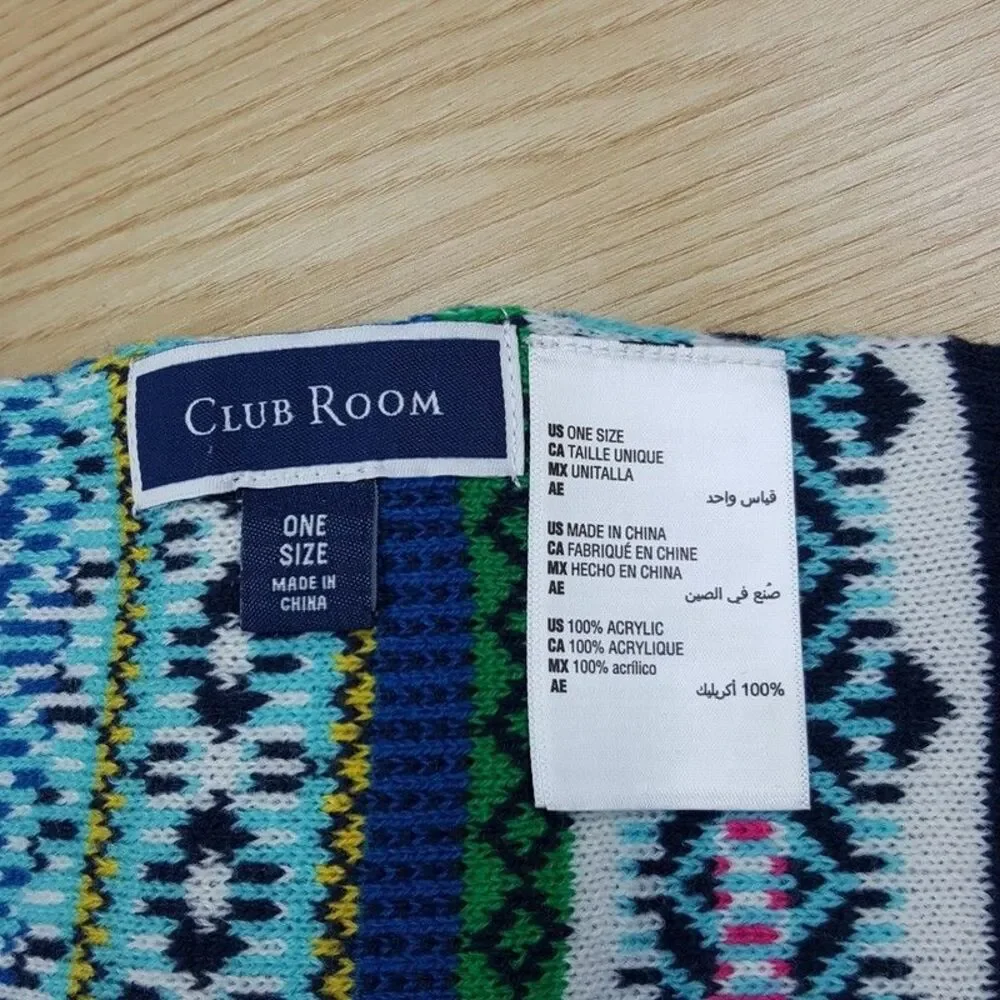 CLUB ROOM Mens Scarf Blue Green Chunky Knit Fair Isle Long Rectangle Winter 70x9